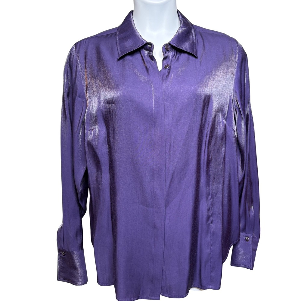 WORKING CLASSICS Womens Purple Button Up Satin Long Sleeve Blouse 22 Shimmer Lux